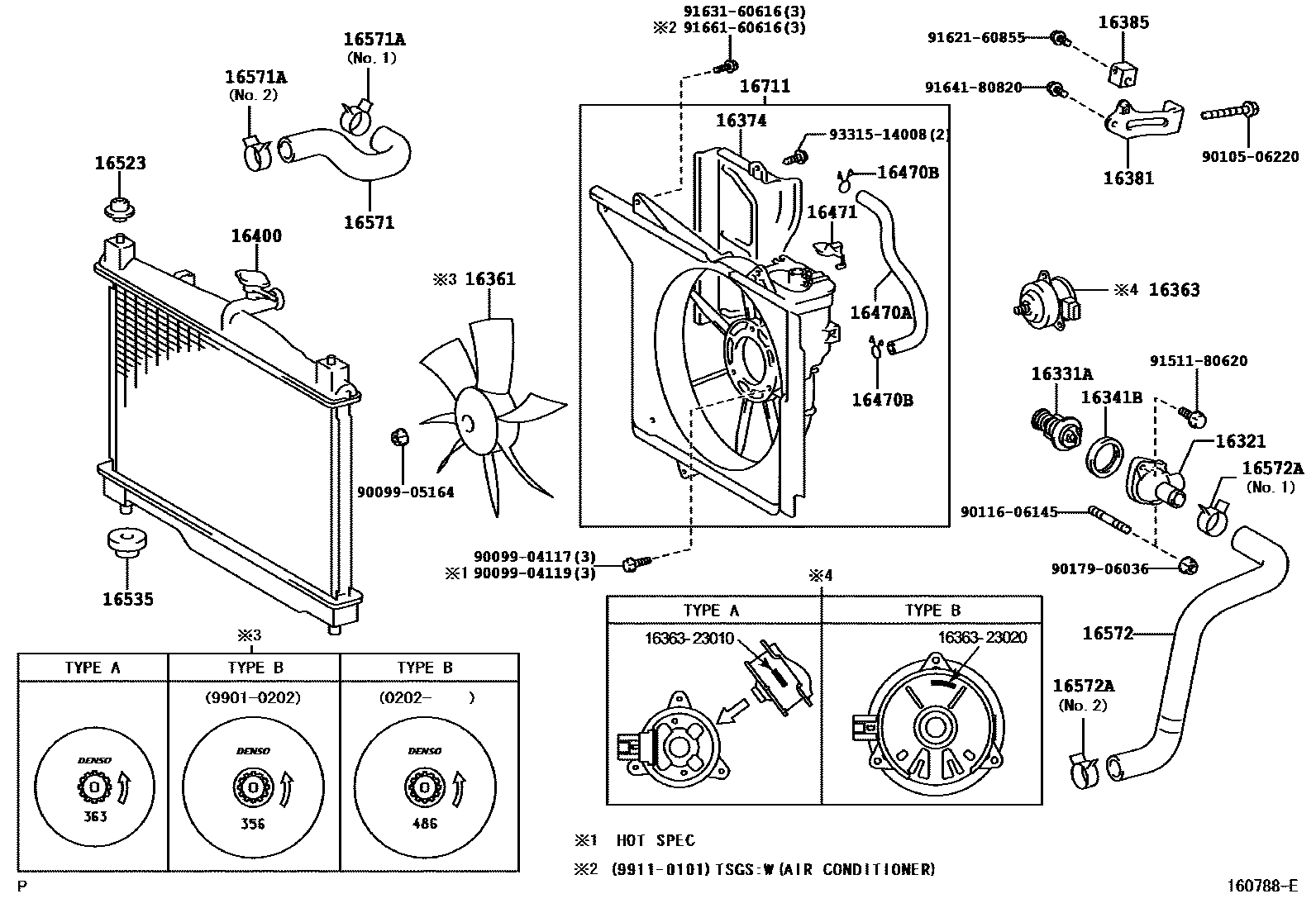 Toyota YARIS RADIATOR & WATER OUTLET EPC diagram — 160788E