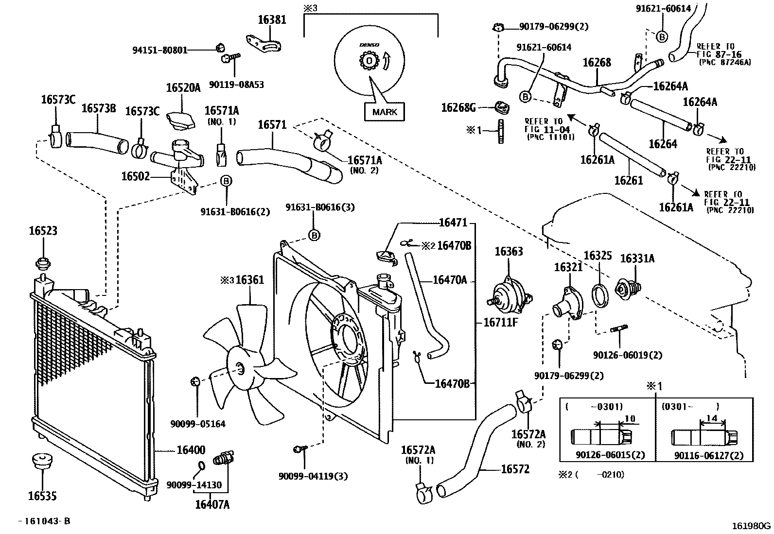 Toyota YARIS RADIATOR & WATER OUTLET EPC diagram — 161980G