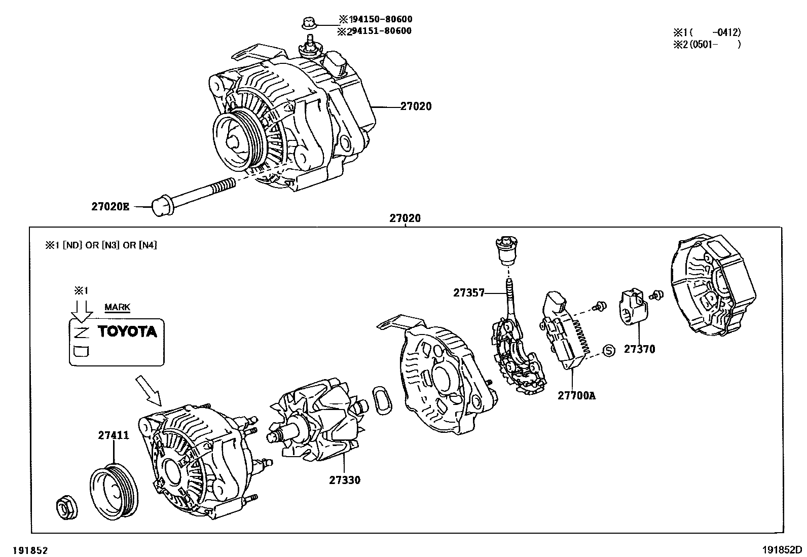 Toyota YARIS Alternator EPC diagram — 191852D