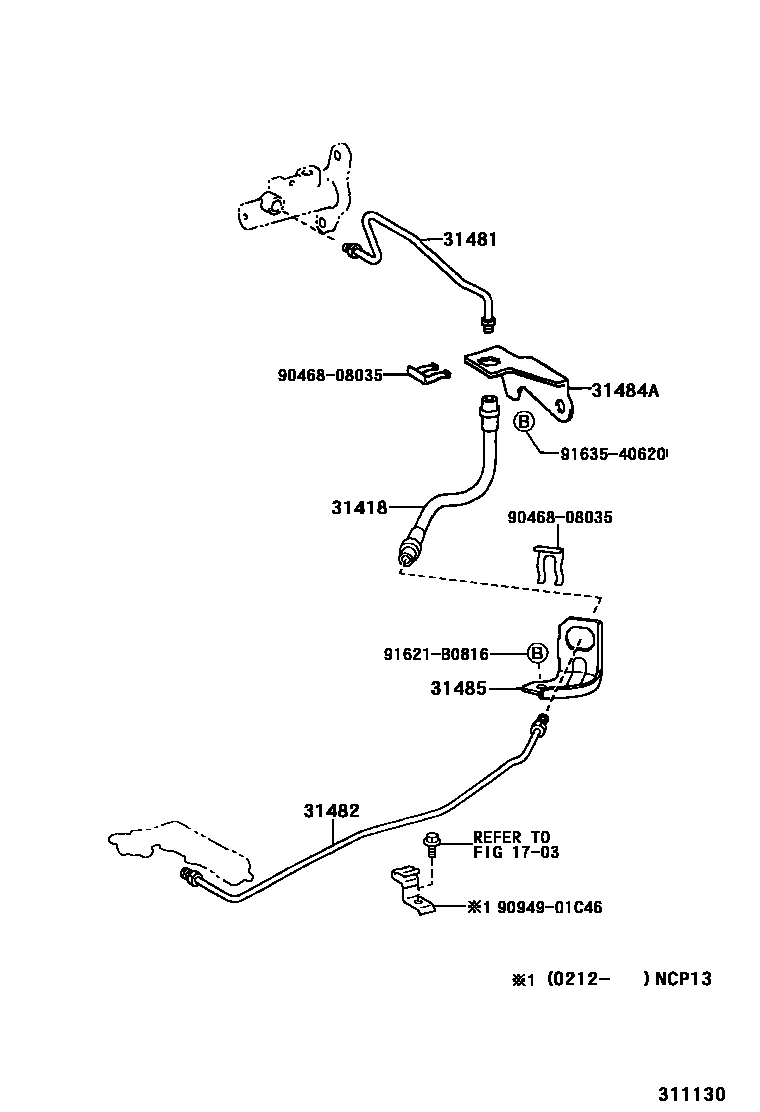 Toyota YARIS 离合器踏板和挠性软管 EPC diagram — 311130
