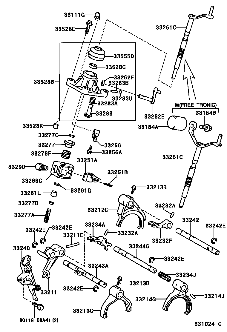 Toyota YARIS 换档拨叉和换档杆轴(MTM) EPC diagram — 331024C