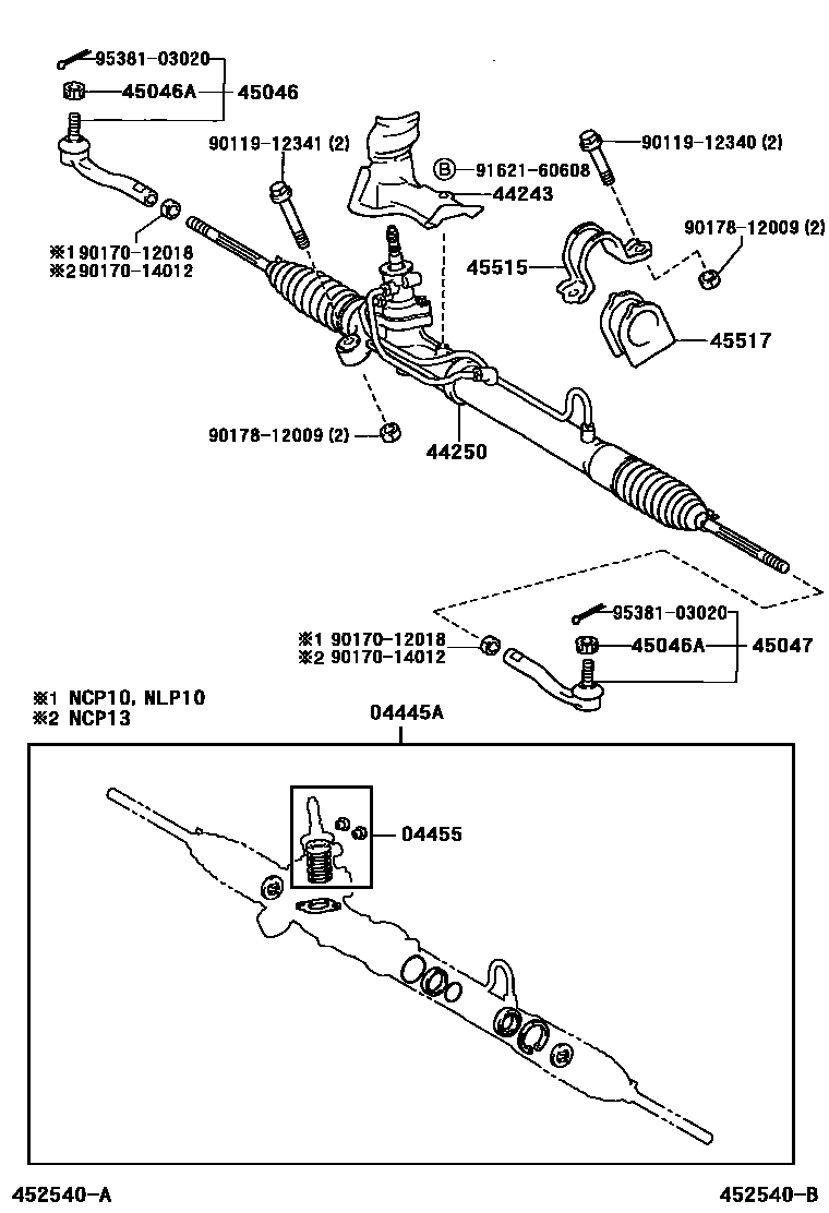 Toyota YARIS 前转向齿轮和连杆 EPC diagram — 452540B