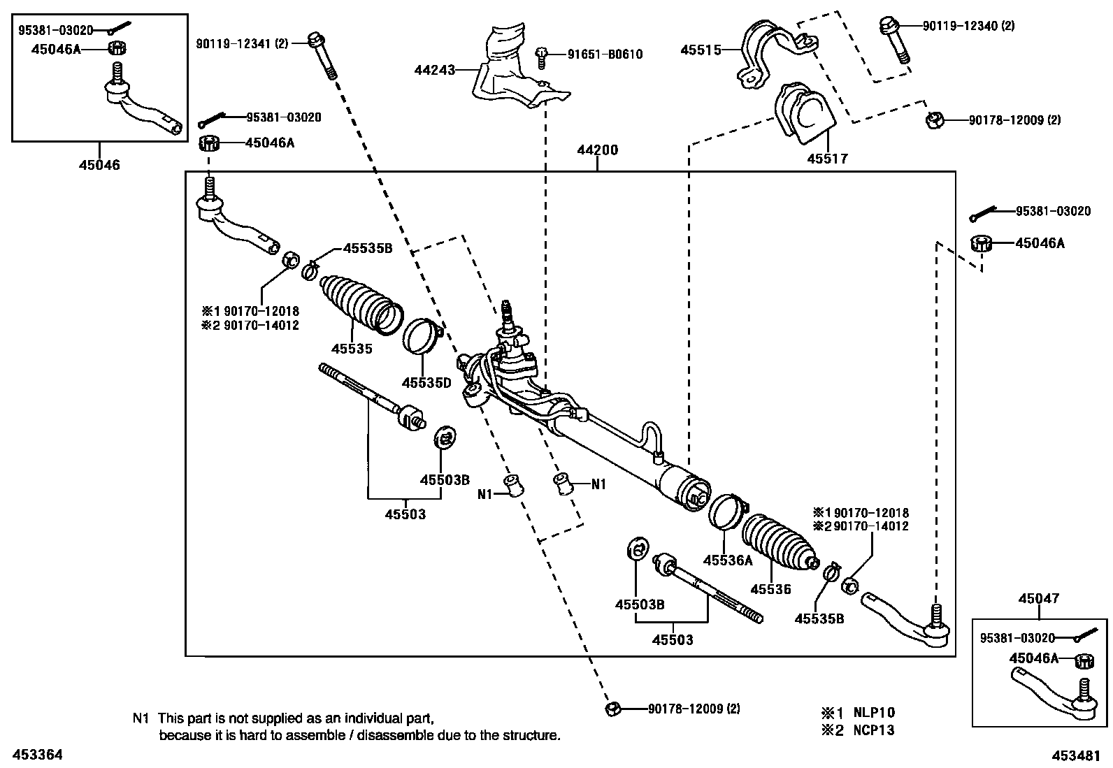 Toyota YARIS 前转向齿轮和连杆 EPC diagram — 453481