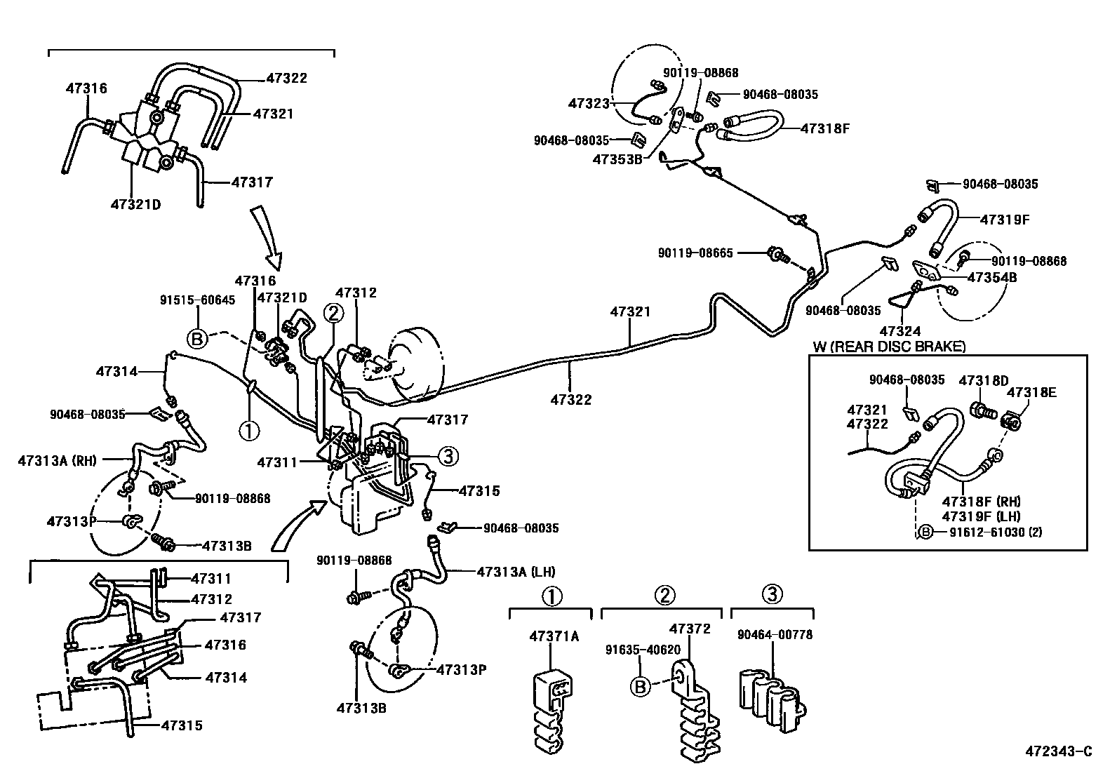 Toyota YARIS 制动配管和卡箍 EPC diagram — 472343C