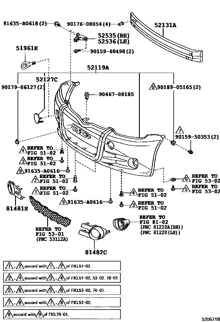 Toyota YARIS 前保险杠及附件 EPC diagram — 520671B