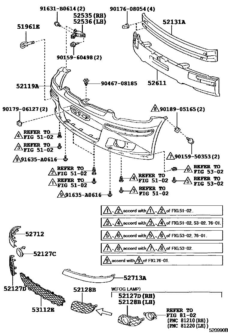 Toyota YARIS 前保险杠及附件 EPC diagram — 520990B