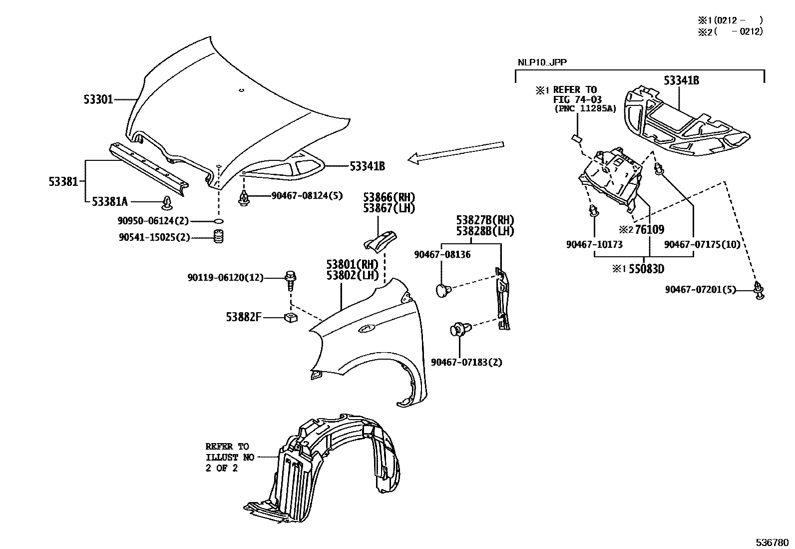 Toyota YARIS 发动机盖和前翼子板 EPC diagram — 536780
