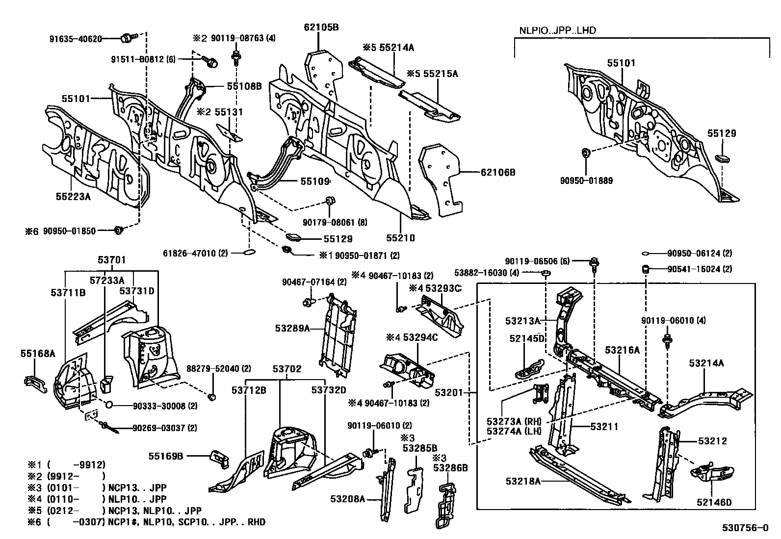 Toyota YARIS 前翼子板挡泥板和前围板 EPC diagram — 530756O