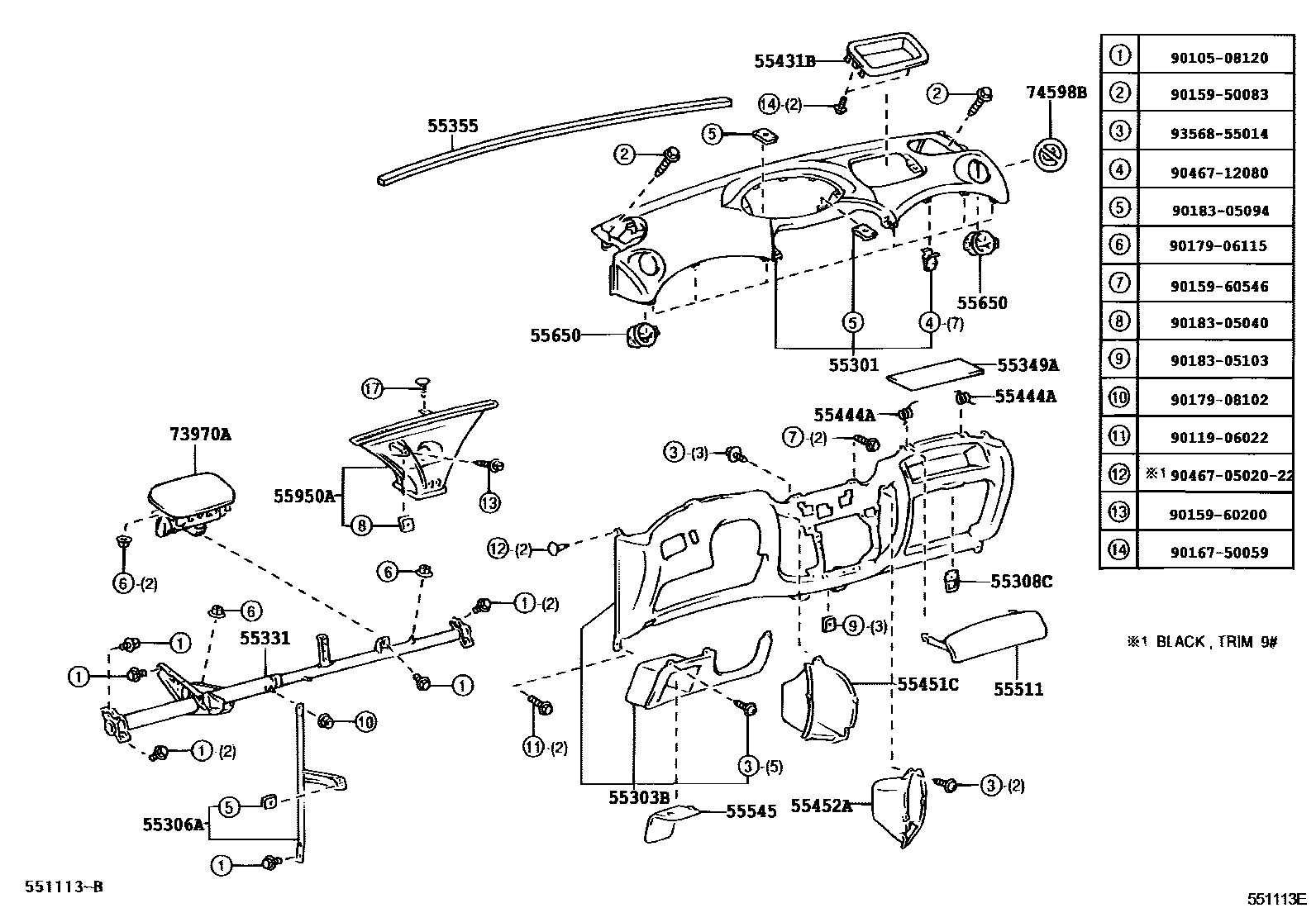 Toyota YARIS 仪表板和手套箱 EPC diagram — 551113E