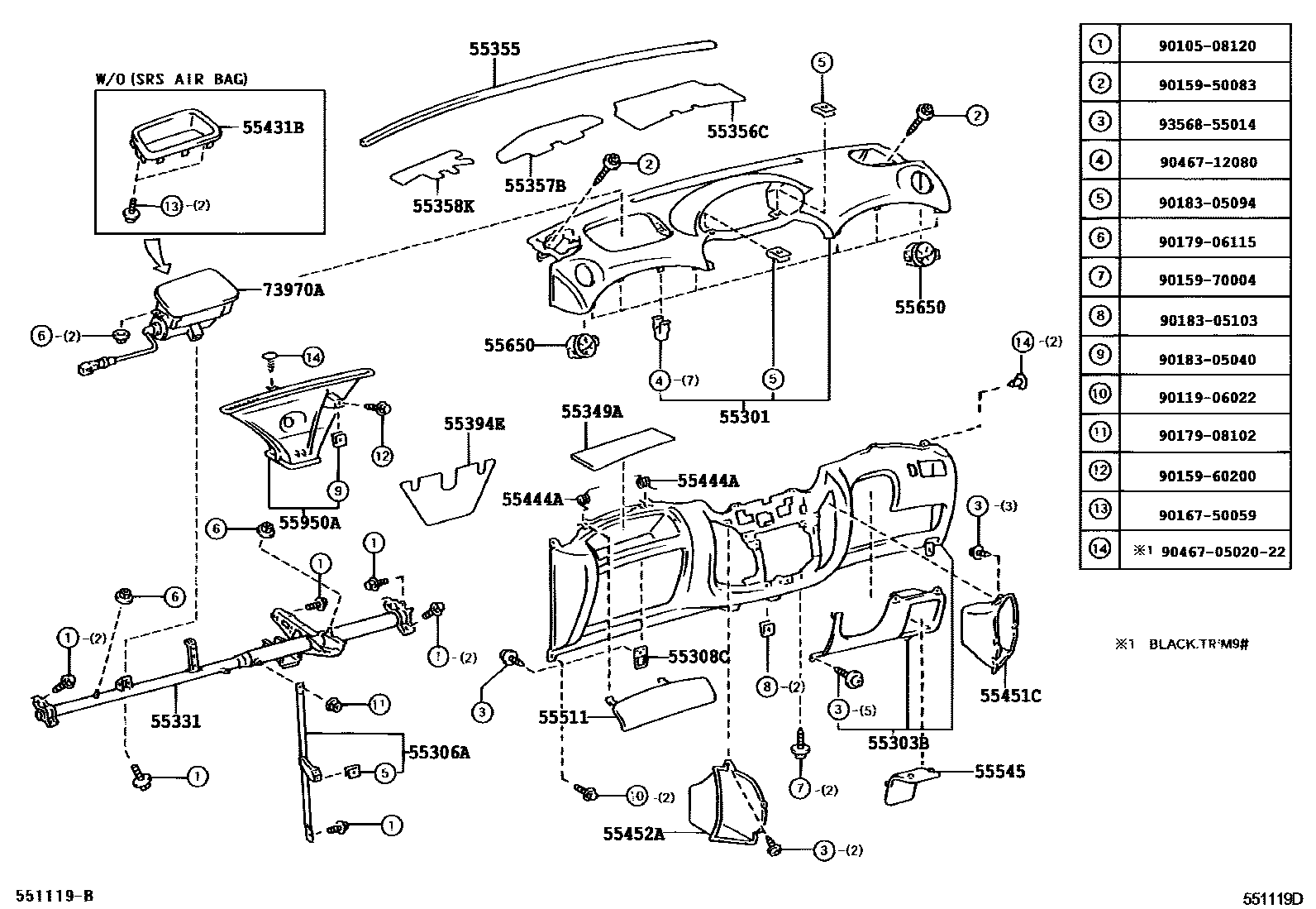 Toyota YARIS 仪表板和手套箱 EPC diagram — 551119D
