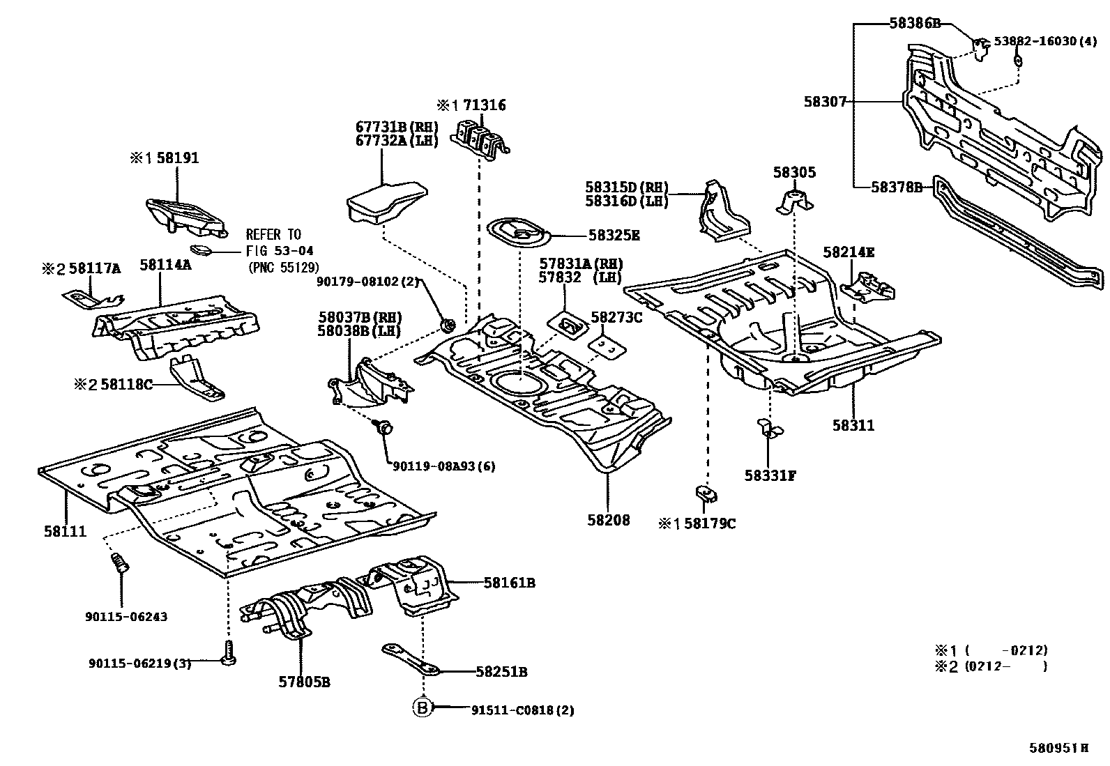 Toyota YARIS 浅盘形地板和车身下背板 EPC diagram — 580951H