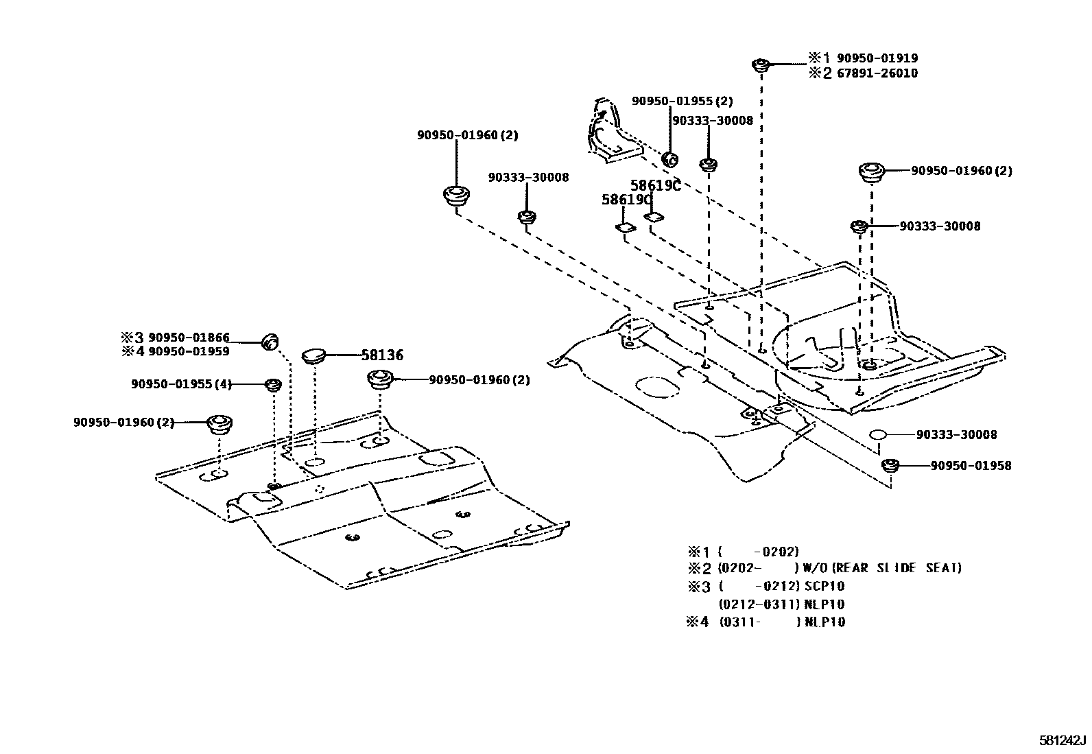 Toyota YARIS 浅盘形地板和车身下背板 EPC diagram — 581242J