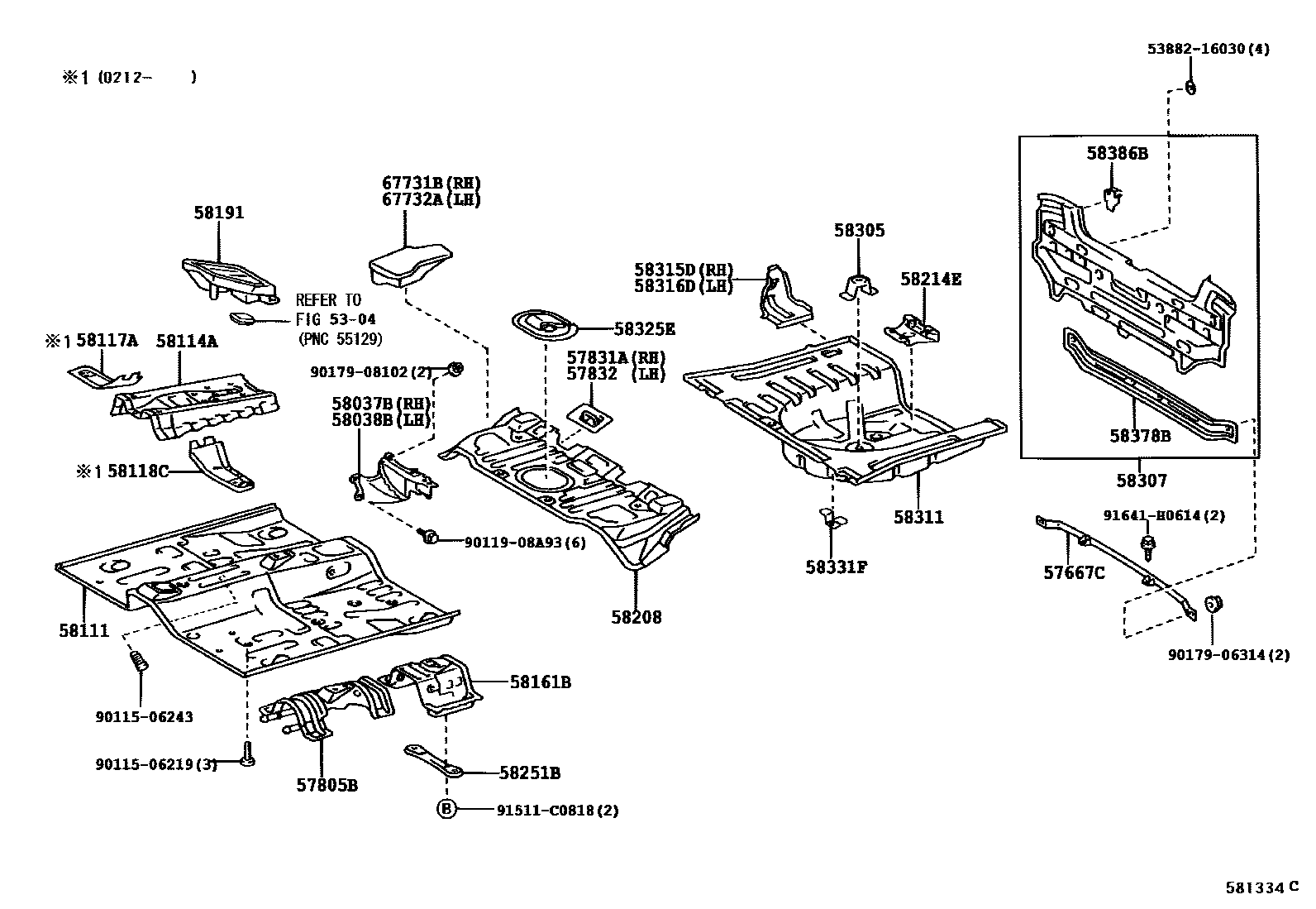 Toyota YARIS 浅盘形地板和车身下背板 EPC diagram — 581334C