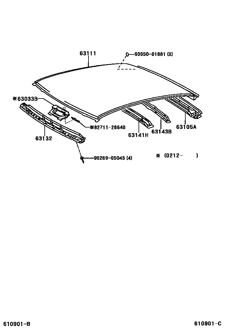 Toyota YARIS 天窗板和背窗玻璃 EPC diagram — 610901C