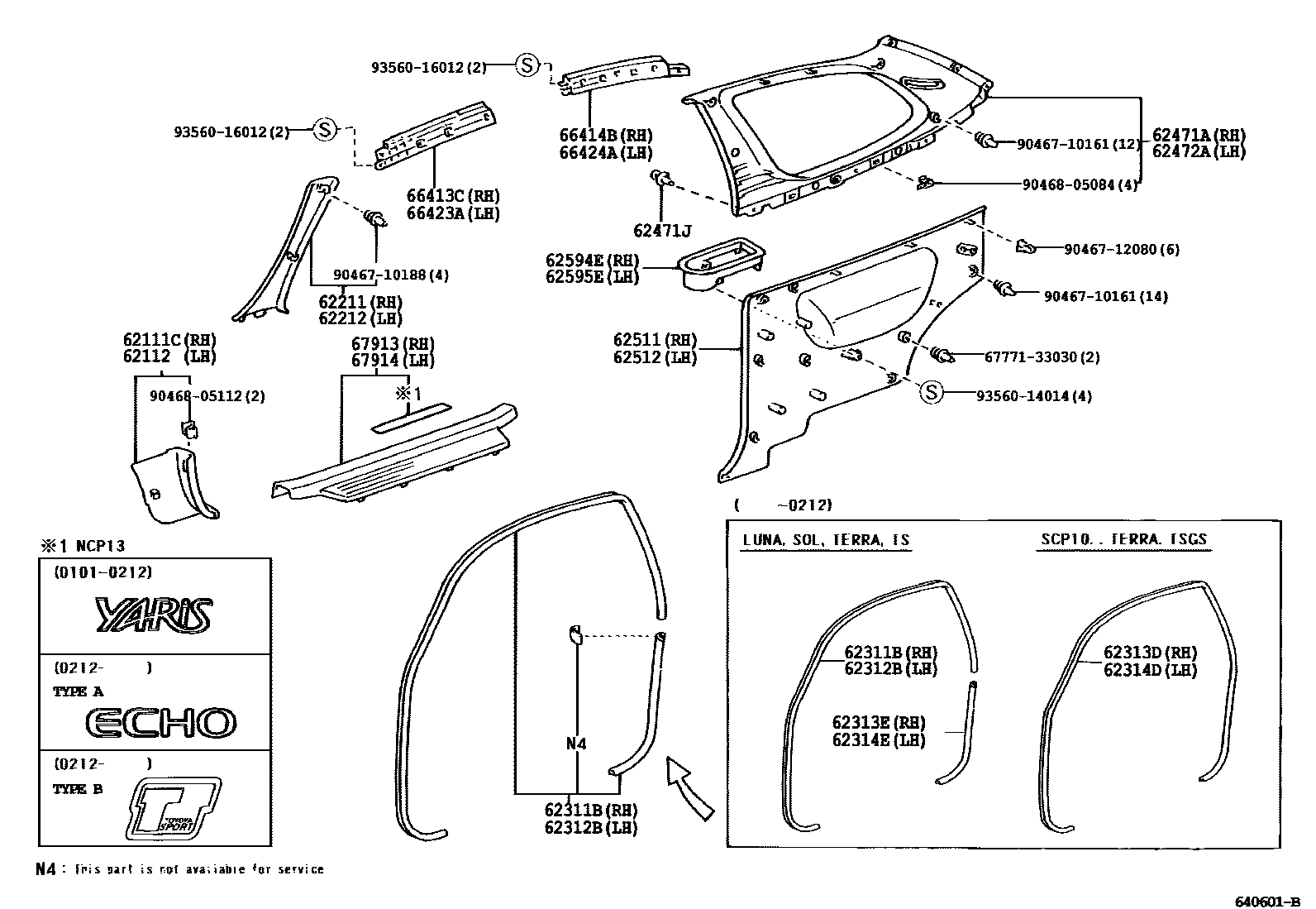 Toyota YARIS 内饰板和车门防水胶条 EPC diagram — 640601B