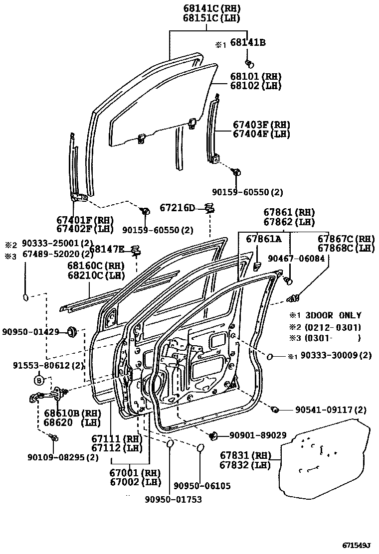 Toyota YARIS 前门板和前门玻璃 EPC diagram — 671549J