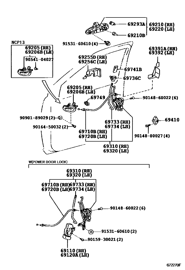 Toyota YARIS 前门锁和车门把手 EPC diagram — 672270F