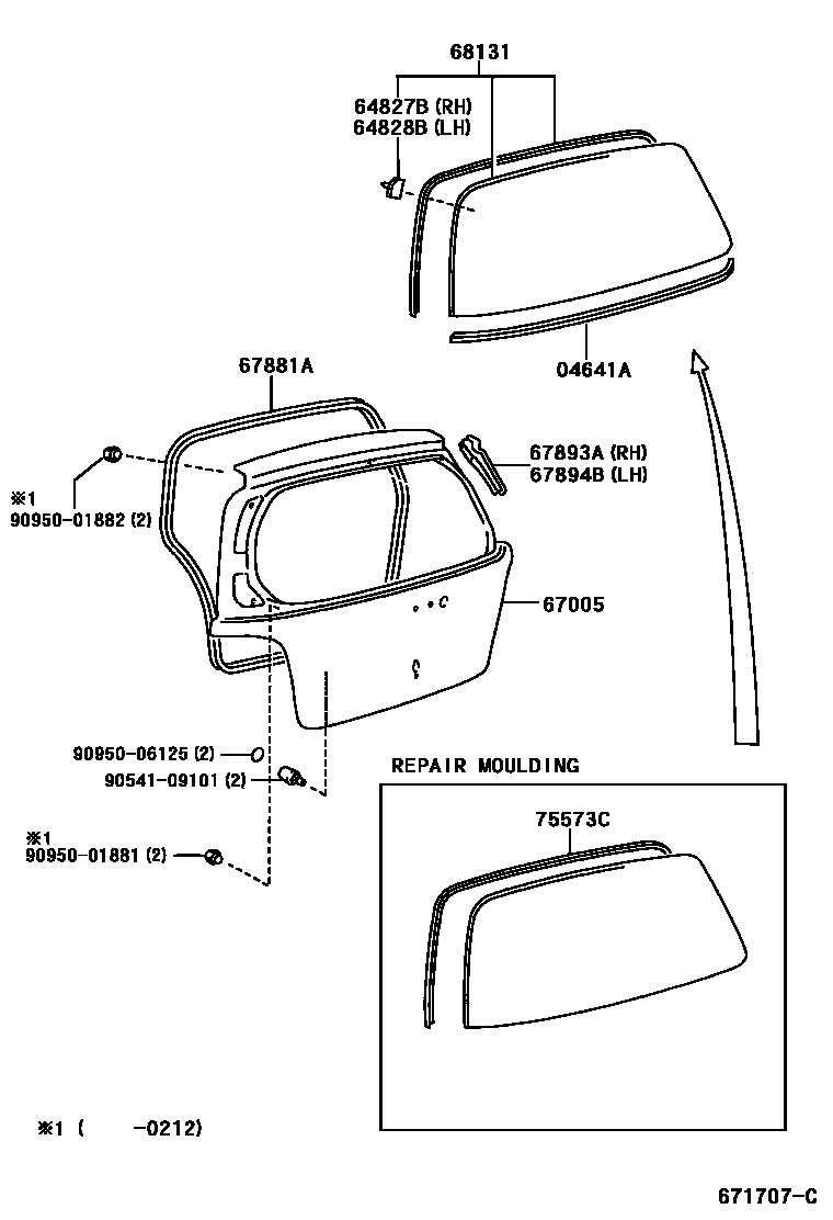 Toyota YARIS 背门板和背门玻璃 EPC diagram — 671707C