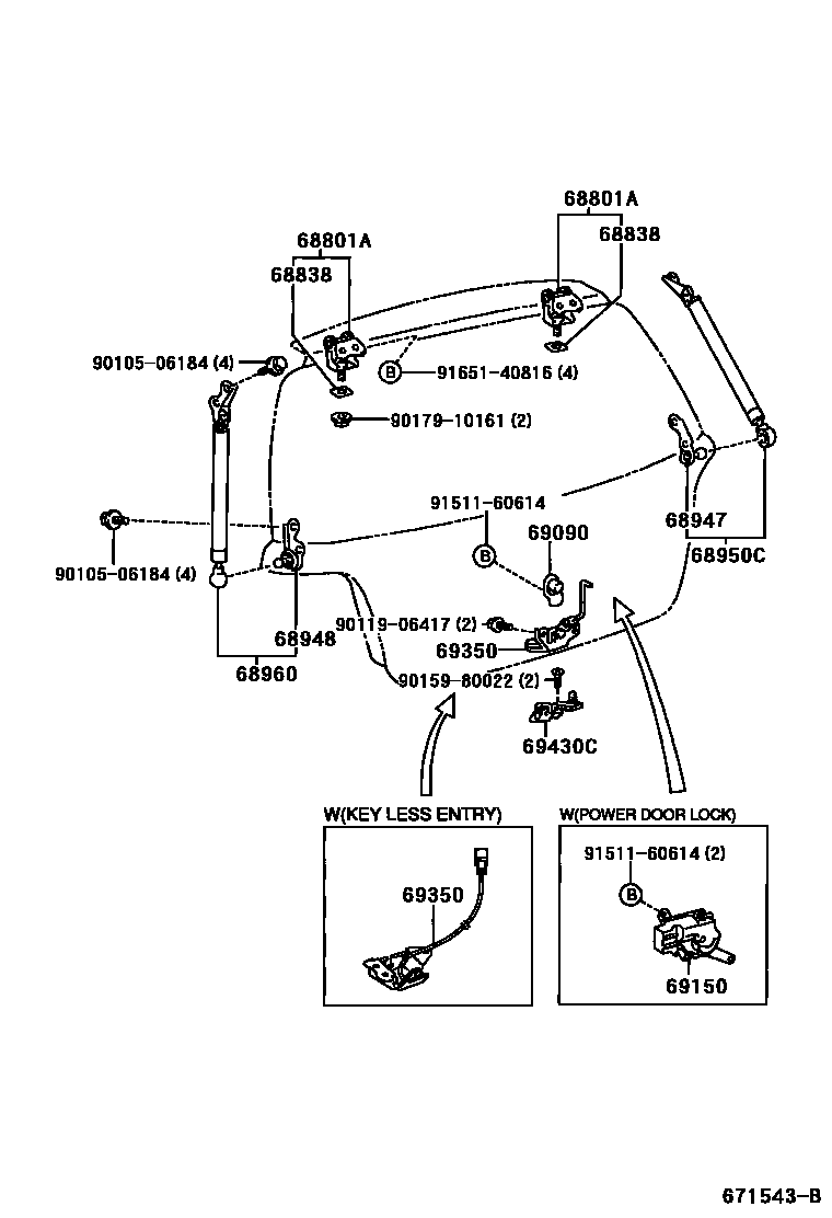 Toyota YARIS 背门锁和背门把手 EPC diagram — 671543B