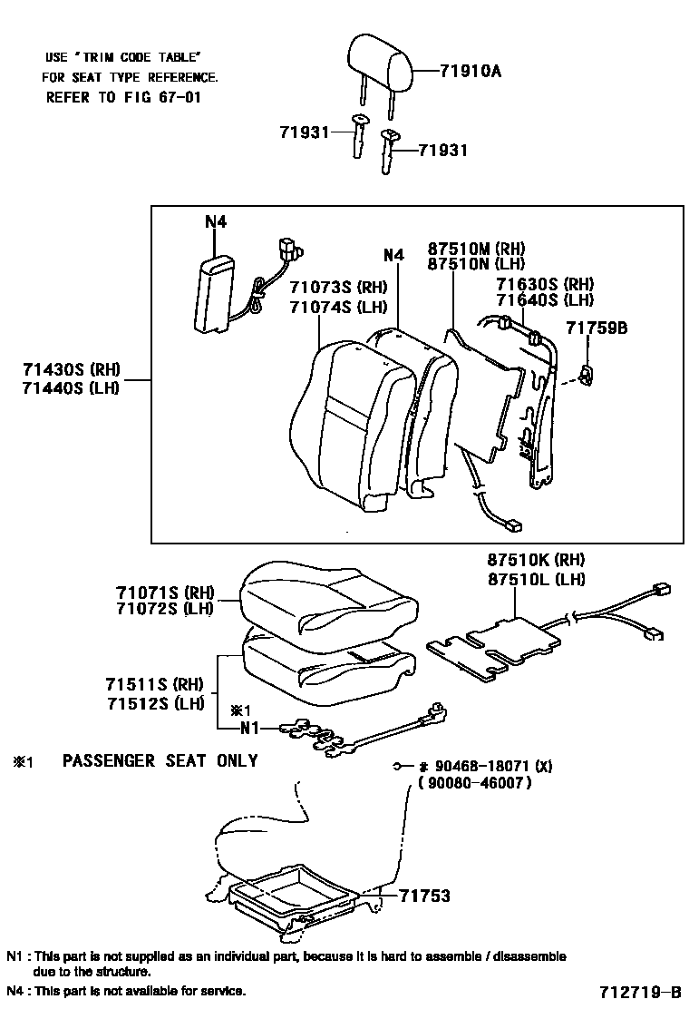 Toyota YARIS 前排座椅和座椅滑轨 EPC diagram — 712719B