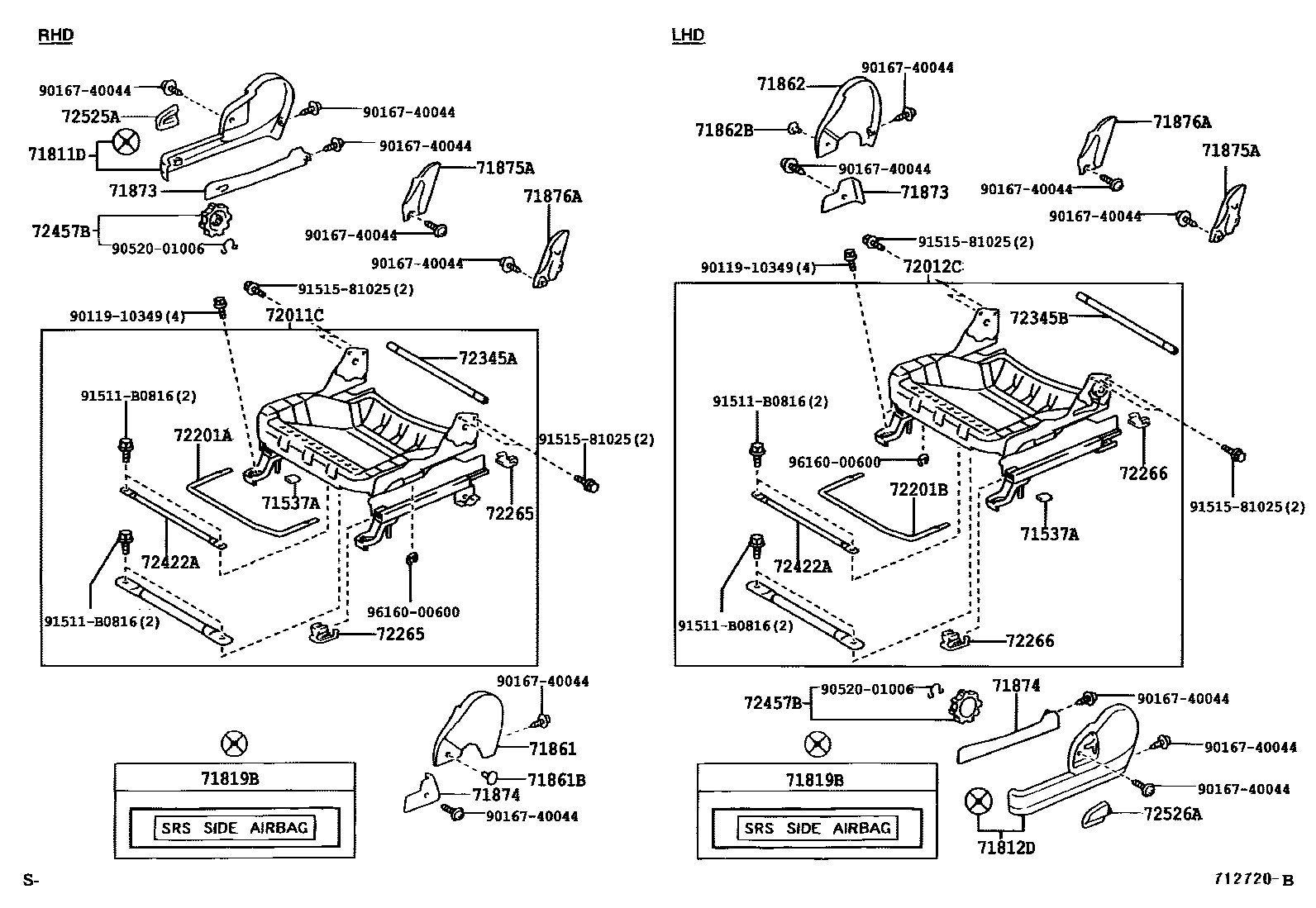 Toyota YARIS 前排座椅和座椅滑轨 EPC diagram — 712720B