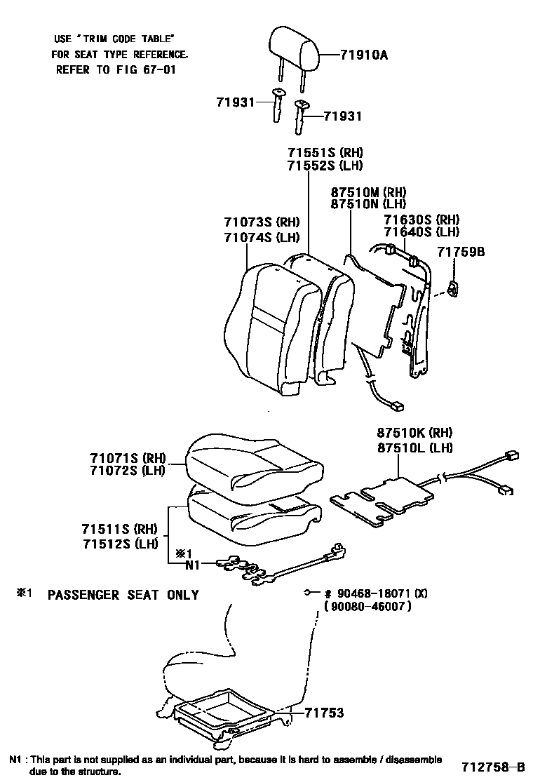 Toyota YARIS 前排座椅和座椅滑轨 EPC diagram — 712758B
