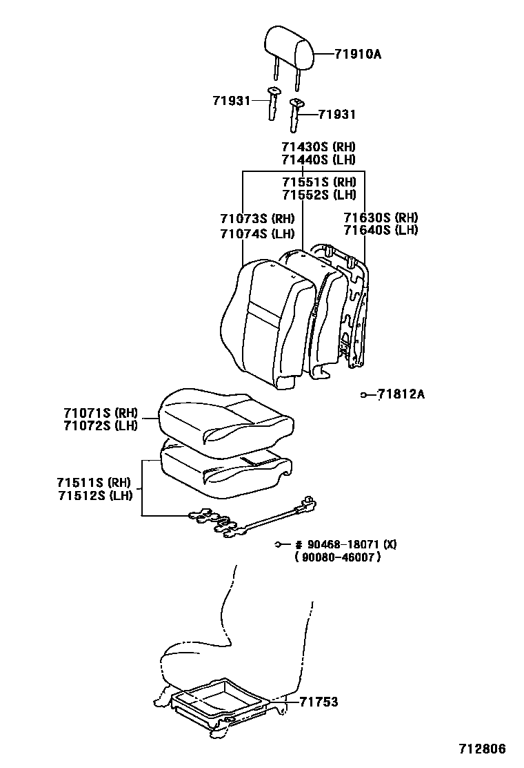 Toyota YARIS 前排座椅和座椅滑轨 EPC diagram — 712806