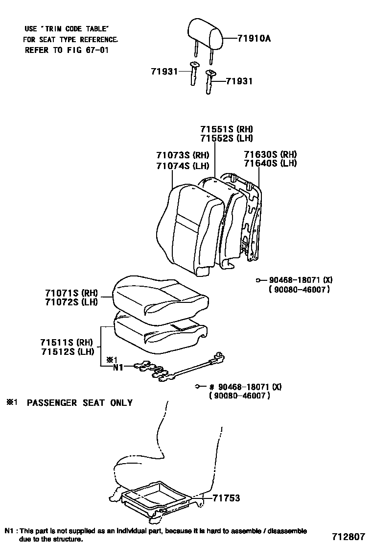 Toyota YARIS 前排座椅和座椅滑轨 EPC diagram — 712807