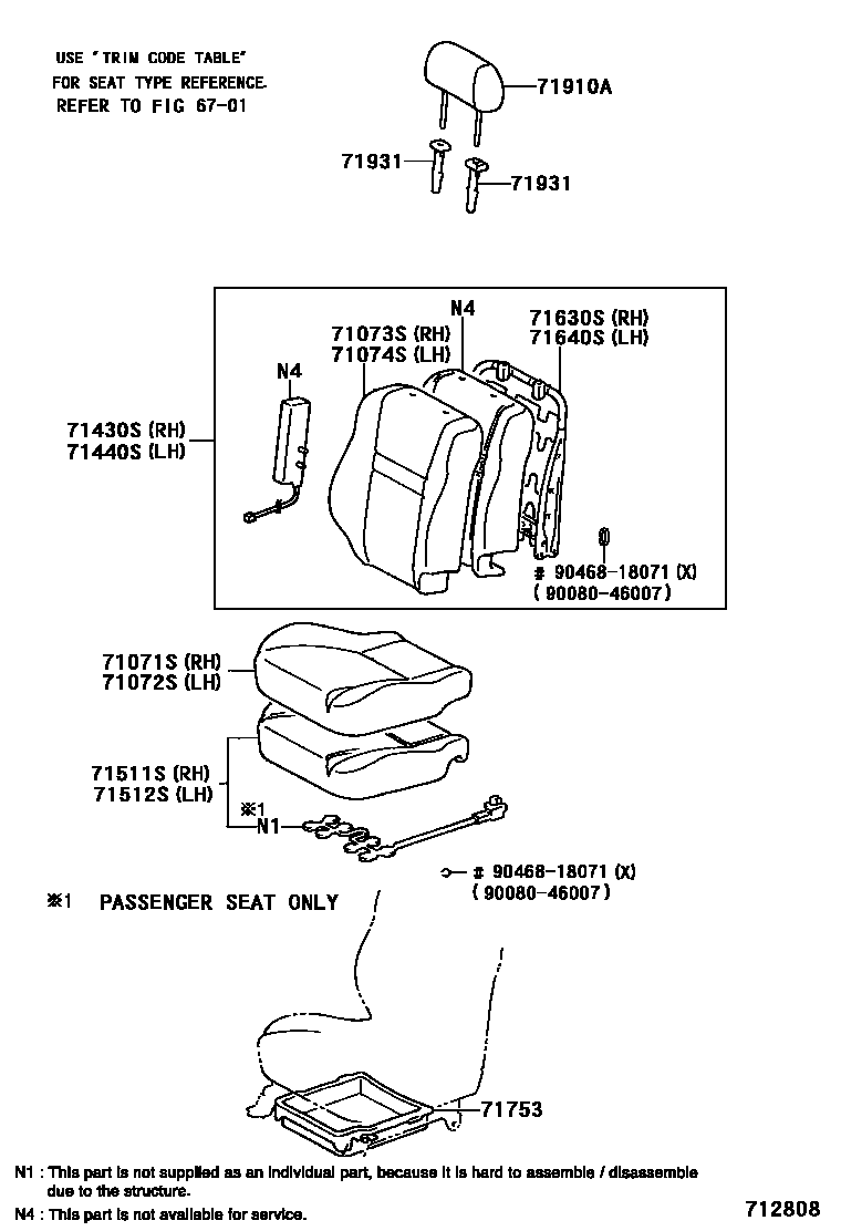 Toyota YARIS 前排座椅和座椅滑轨 EPC diagram — 712808