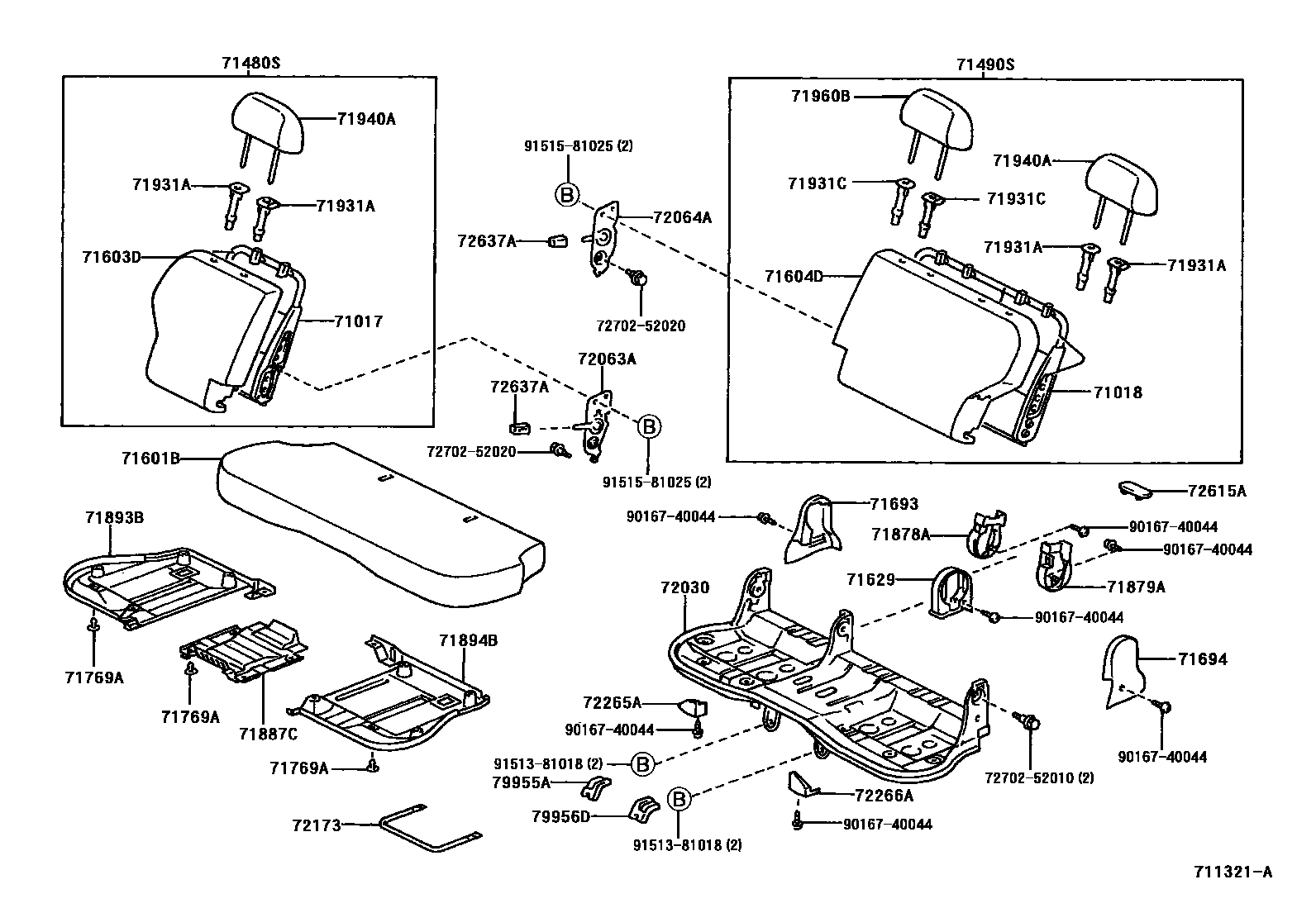 Toyota YARIS 后排座椅和座椅滑轨 EPC diagram — 711321A