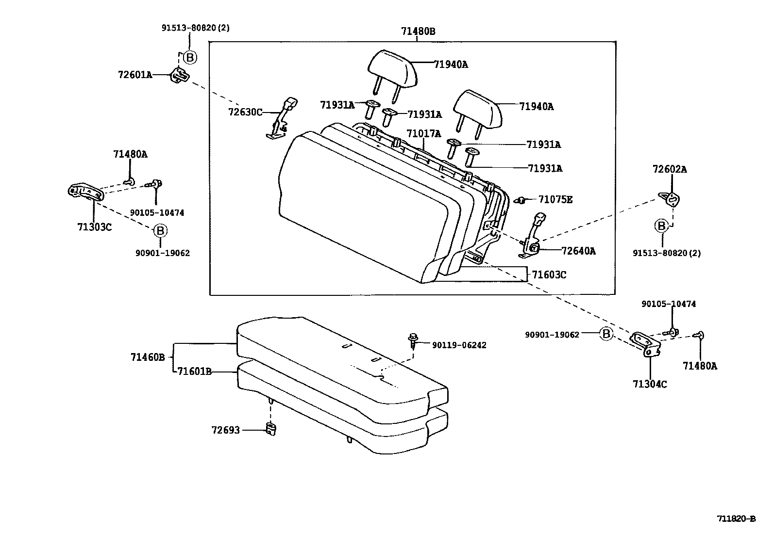 Toyota YARIS 后排座椅和座椅滑轨 EPC diagram — 711820B