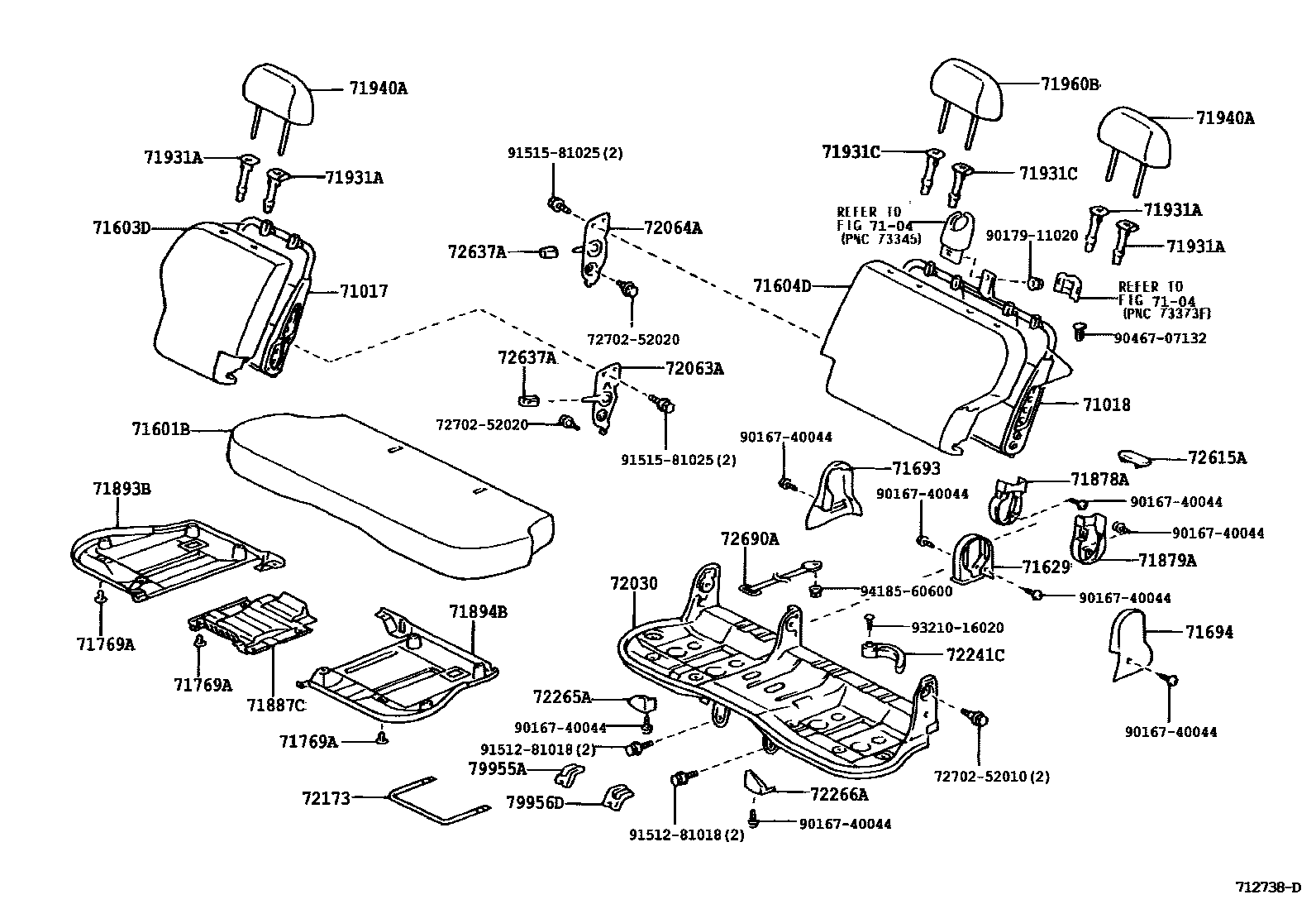 Toyota YARIS 后排座椅和座椅滑轨 EPC diagram — 712738D