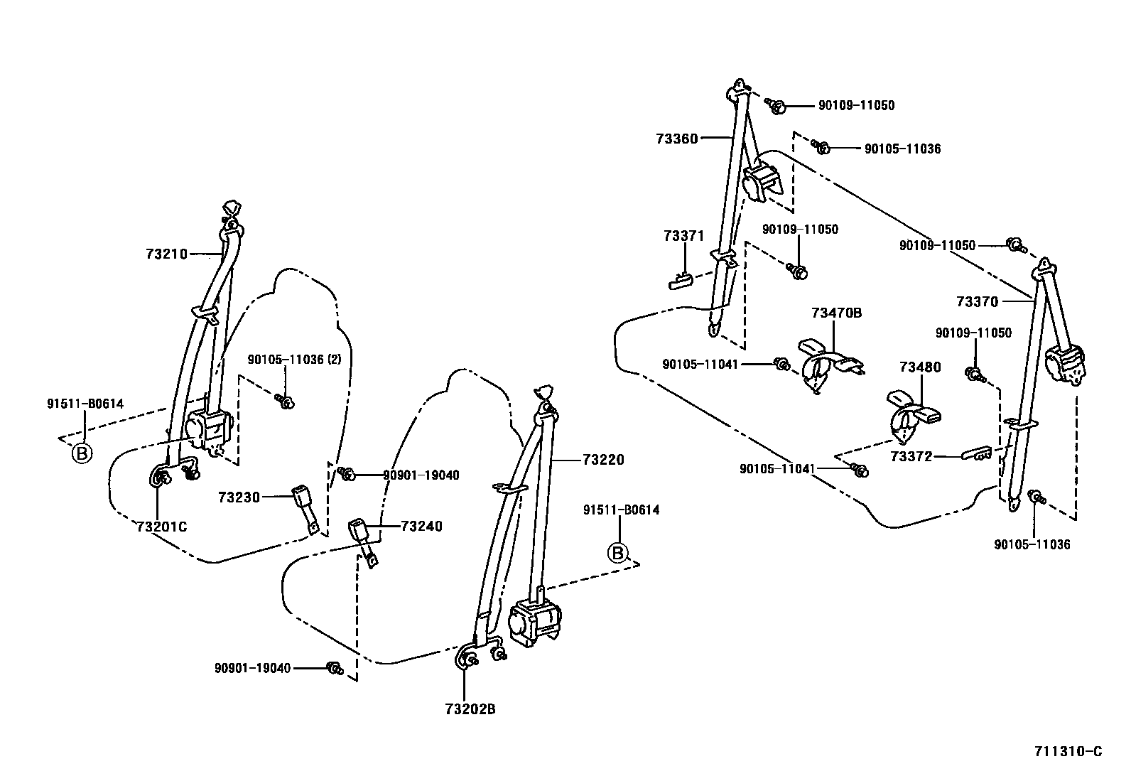 Toyota YARIS 安全带和儿童保护座椅 EPC diagram — 711310C