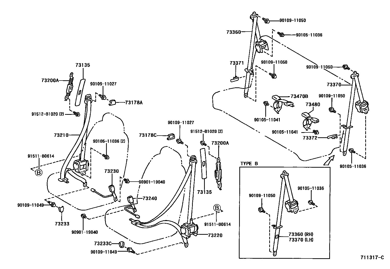 Toyota YARIS 安全带和儿童保护座椅 EPC diagram — 711317C