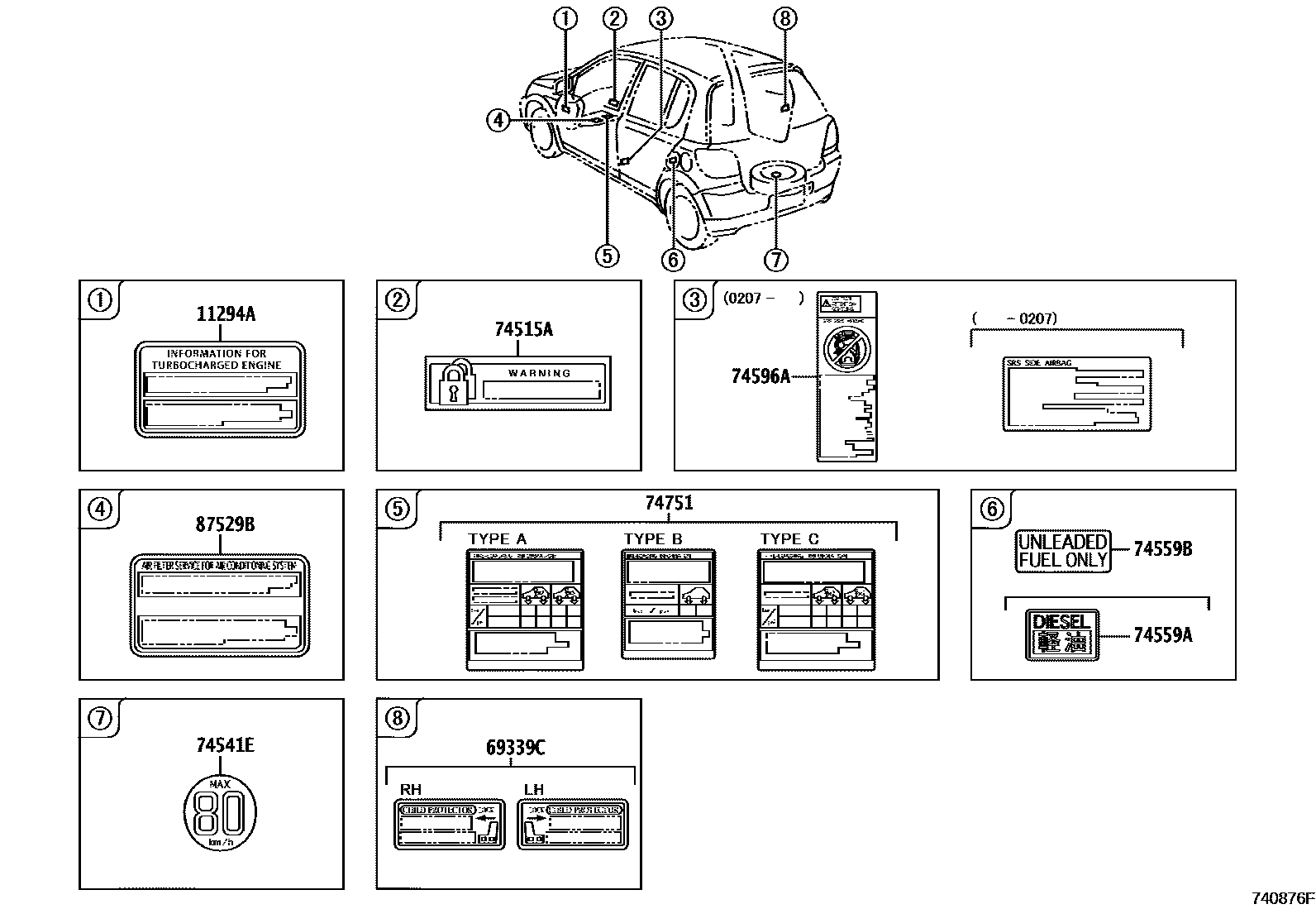 Toyota YARIS 警示铭牌(车外和车内) EPC diagram — 740876F