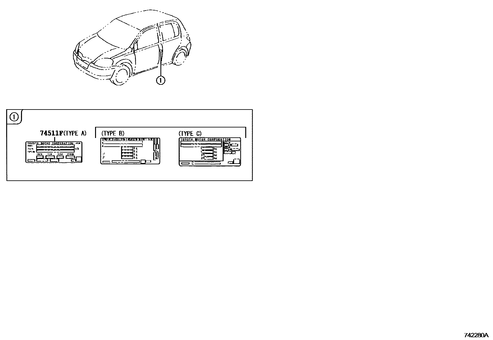 Toyota YARIS 警示铭牌(车外和车内) EPC diagram — 742280A