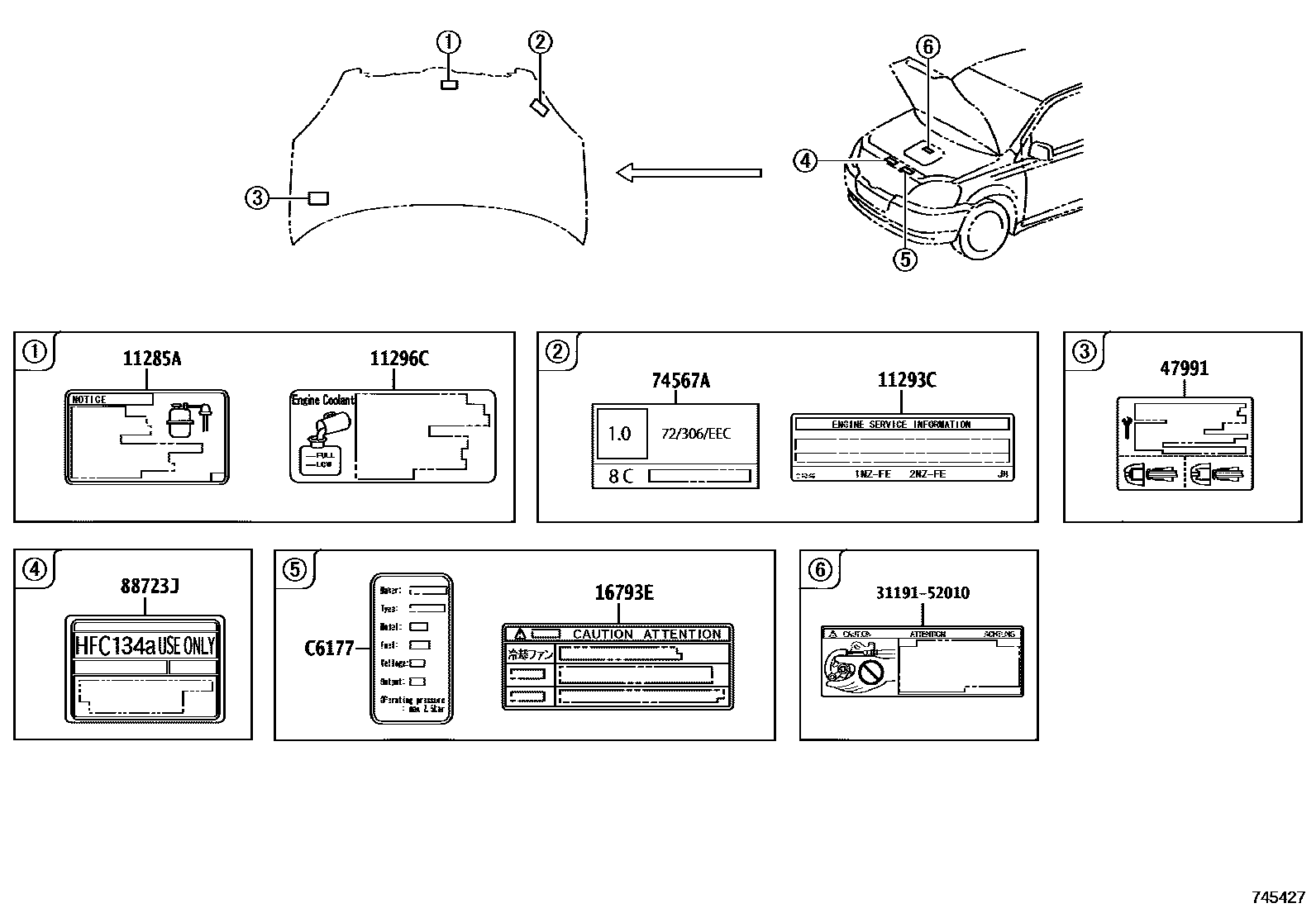 Toyota YARIS 警示铭牌(车外和车内) EPC diagram — 745427