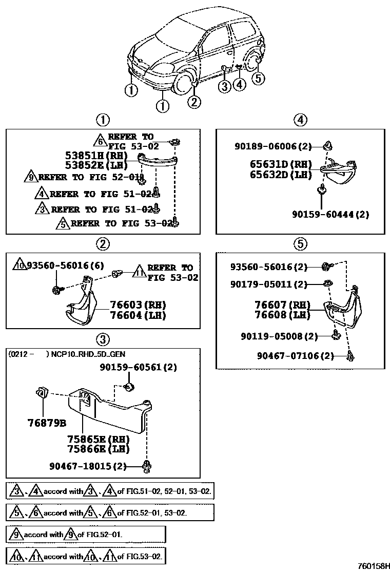 Toyota YARIS 挡泥板和扰流板 EPC diagram — 760158H