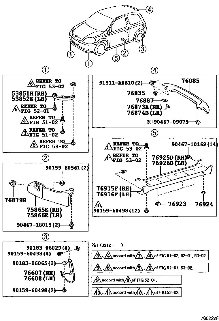 Toyota YARIS 挡泥板和扰流板 EPC diagram — 760222F