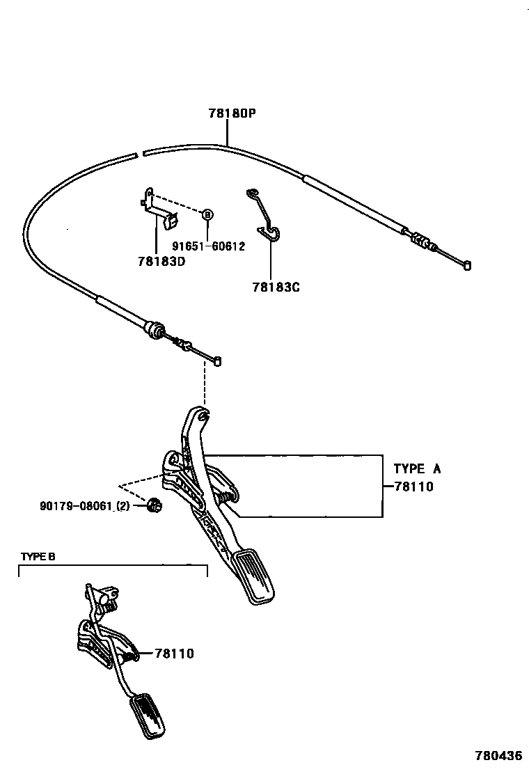 Toyota YARIS accelerator pedal connecting rod EPC diagram — 780436