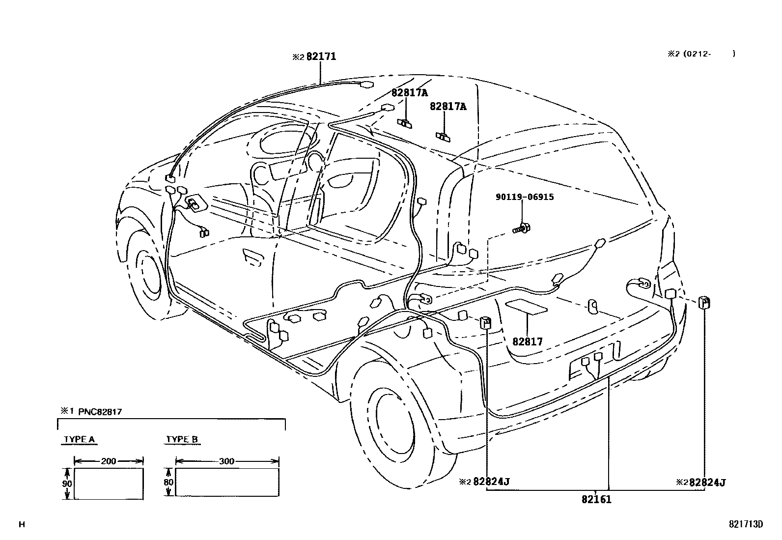 Toyota YARIS 线束和卡夹 EPC diagram — 821713D