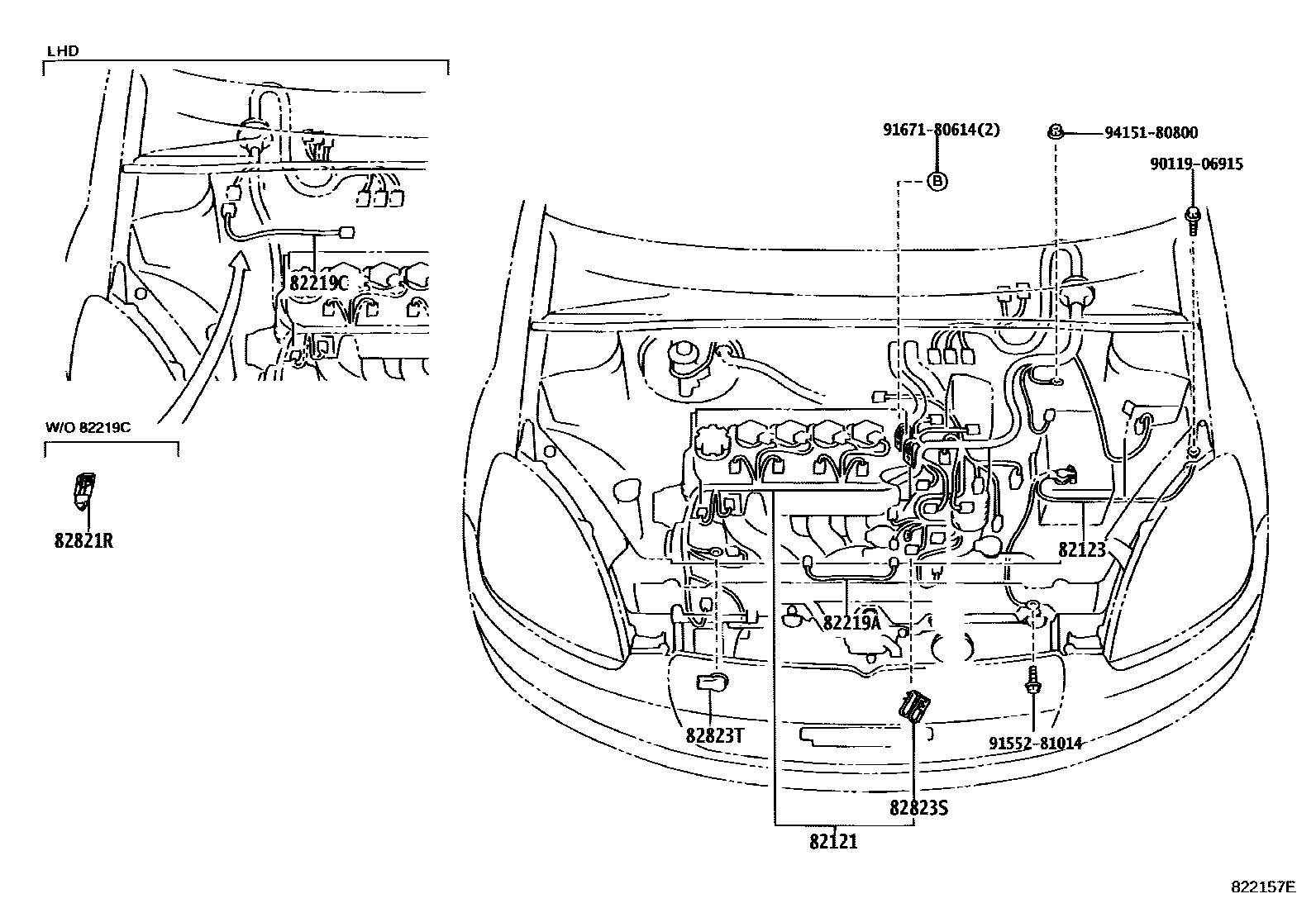 Toyota YARIS 线束和卡夹 EPC diagram — 822157E