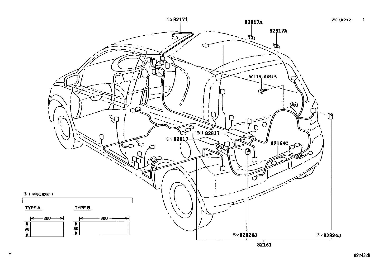 Toyota YARIS 线束和卡夹 EPC diagram — 822432B