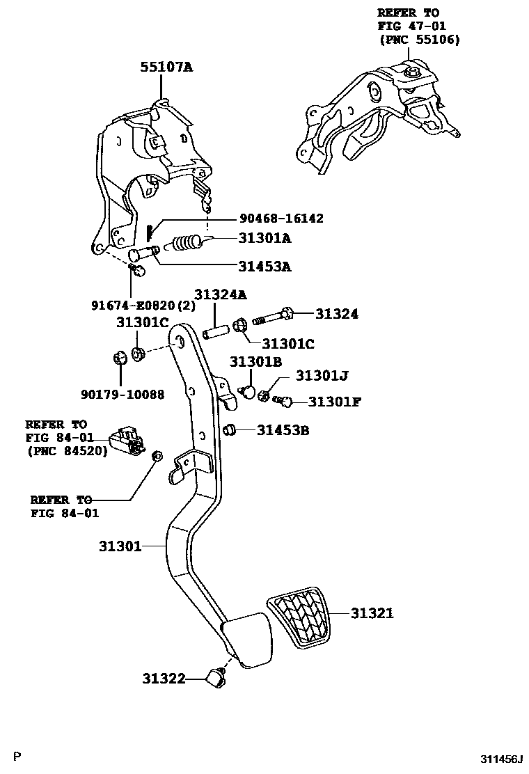 Toyota YARIS 离合器踏板和挠性软管 EPC diagram — 311456J