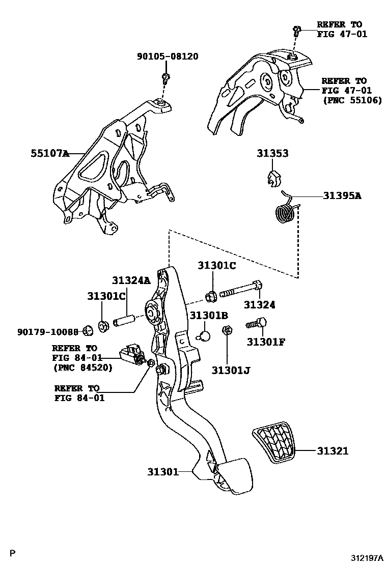 Toyota YARIS 离合器踏板和挠性软管 EPC diagram — 312197A