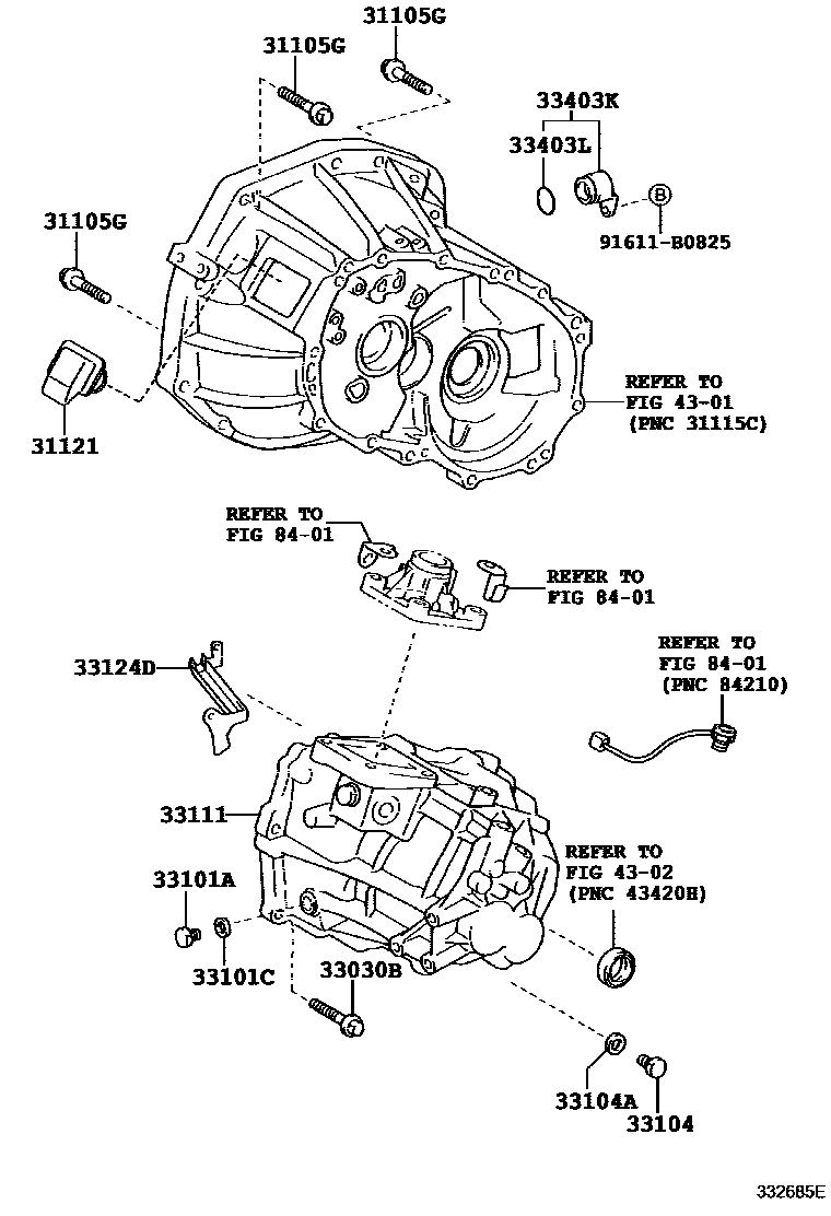 Toyota YARIS 离合器壳和变速器壳(MTM) EPC diagram — 332685E
