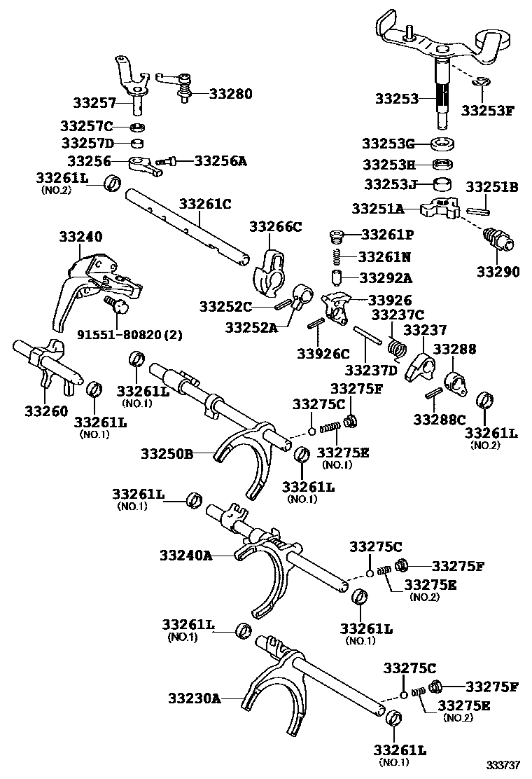 Toyota YARIS 换档拨叉和换档杆轴(MTM) EPC diagram — 333737