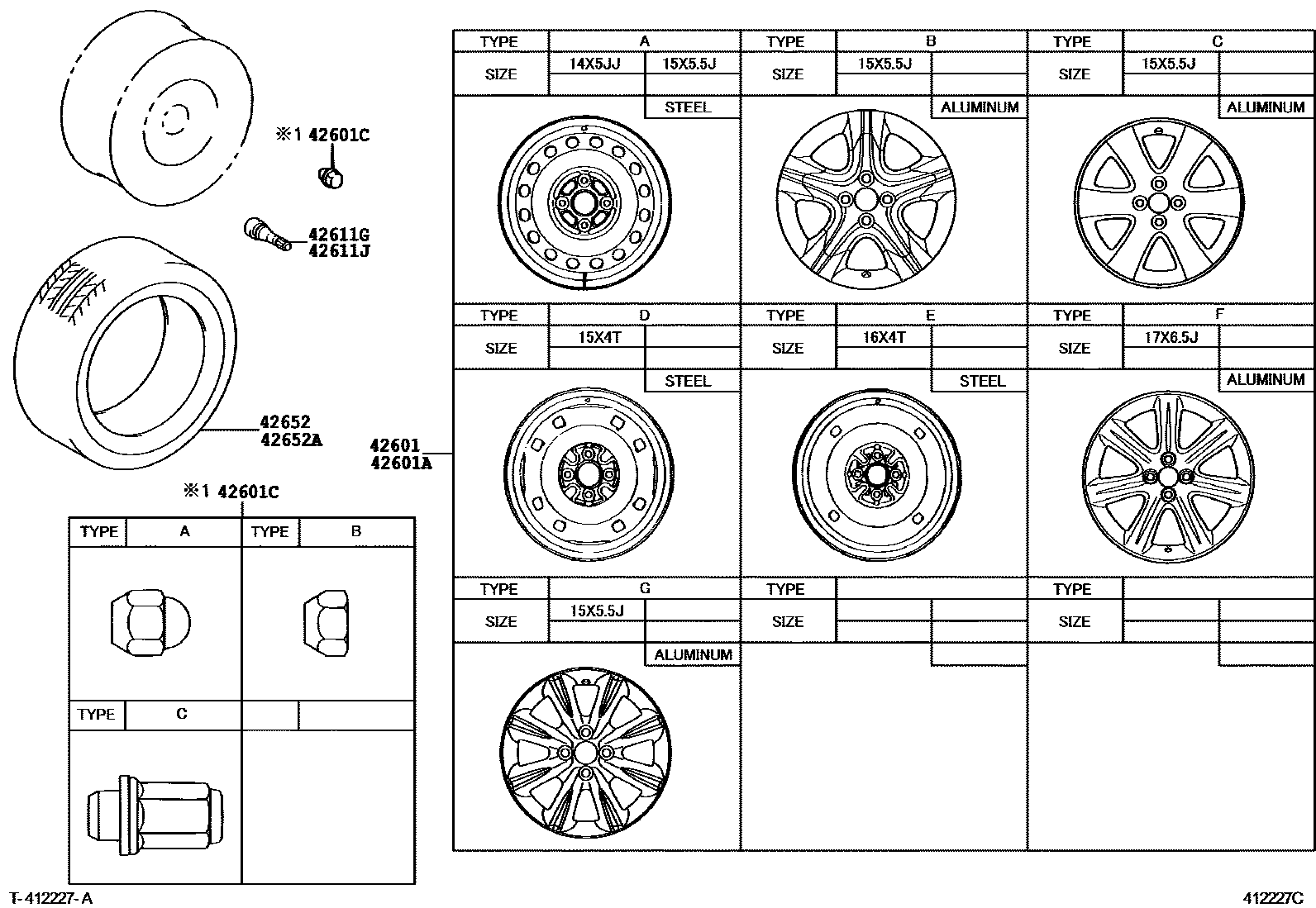 Toyota YARIS 车轮和车轮盖 EPC diagram — 412227C