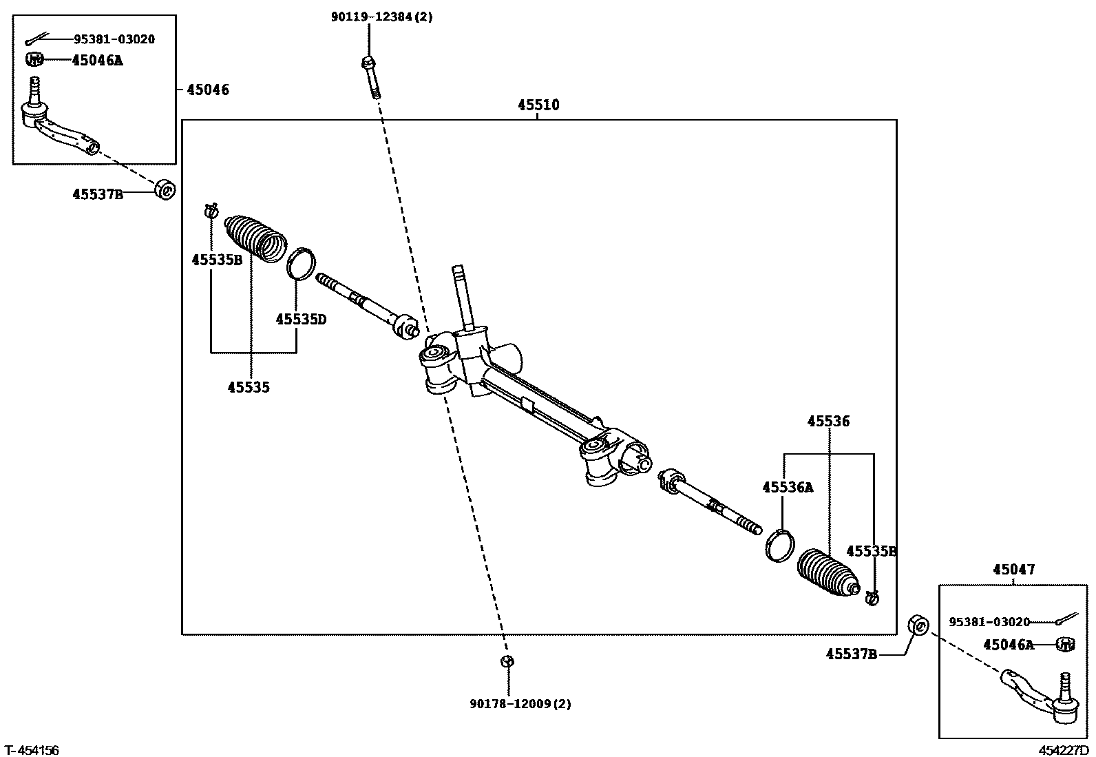 Toyota YARIS 前转向齿轮和连杆 EPC diagram — 454227D