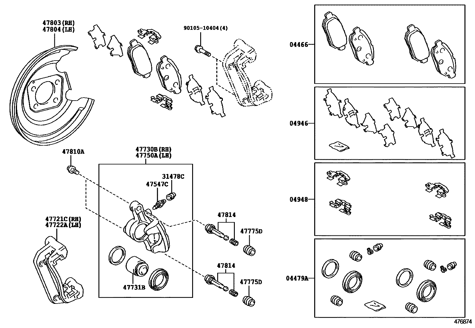 Toyota YARIS 后盘式制动器卡钳和防尘罩 EPC diagram — 476874